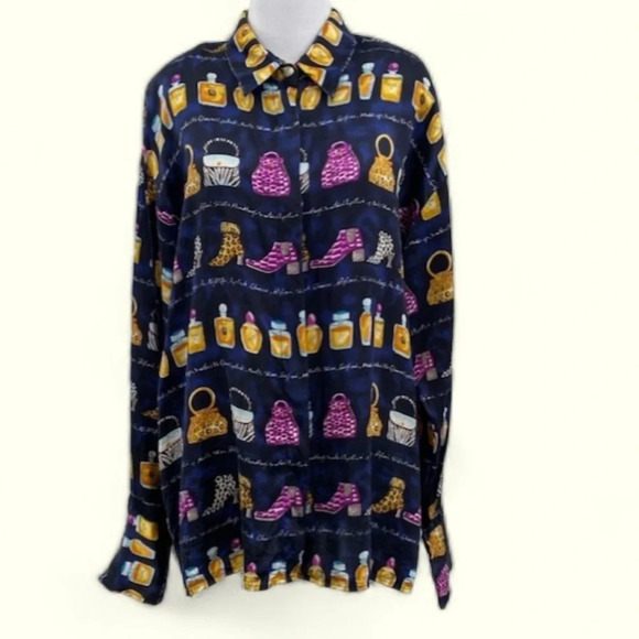 Vintage Michelle Nichole Button Up Shirt Womens Sz XL Blue Gold Silk Boot Purses - Picture 1 of 12